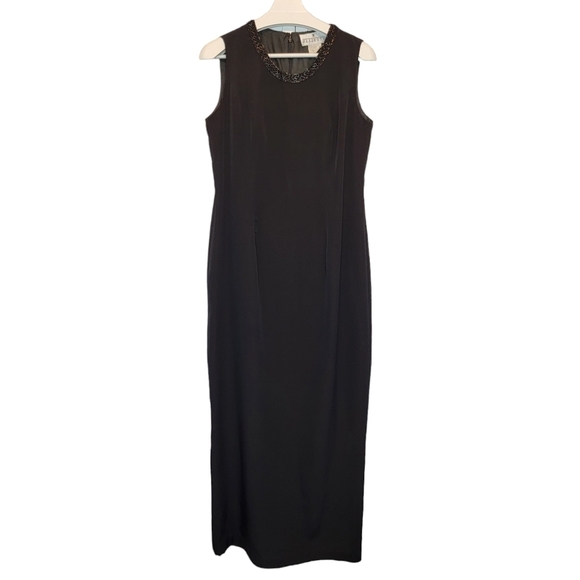 VTG ELLIETTE Silk Sheath Modest Dress Gown Black Embellish Neck Sleeveless Sz 10 - Picture 2 of 14